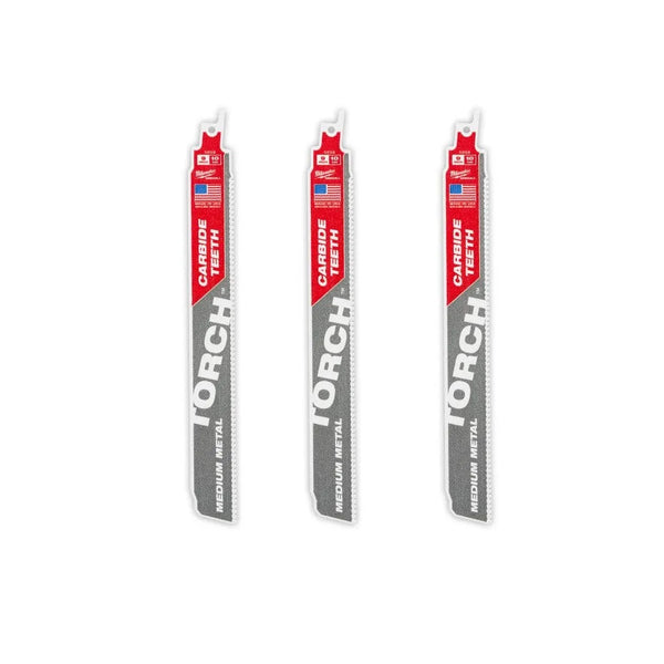 Milwaukee 9" 10TPI TORCH w/ Carbide Teeth Medium Metal Reciprocating Saw Blade - 3 pc 48-00-5352