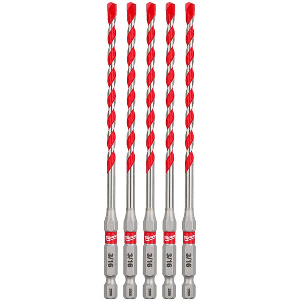 Milwaukee 3/16" x 4" x 6" SHOCKWAVE Impact Duty Carbide Hammer Drill Bits - Bulk 5 PK 48-20-9157
